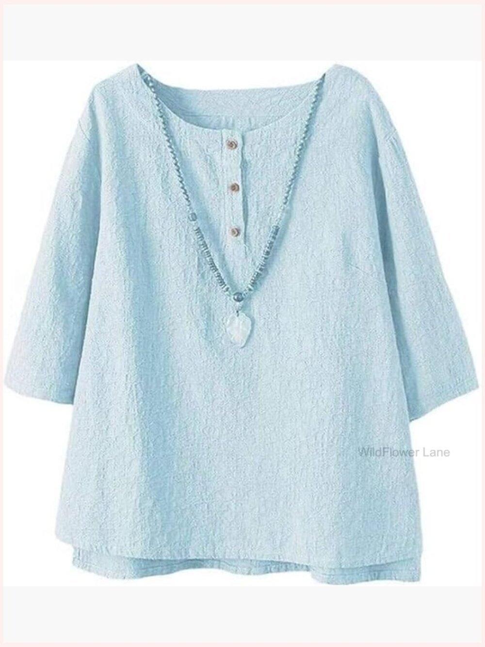 3/4 Sleeve Cotton Linen Jacquard Blouse Top Button Down Shirt